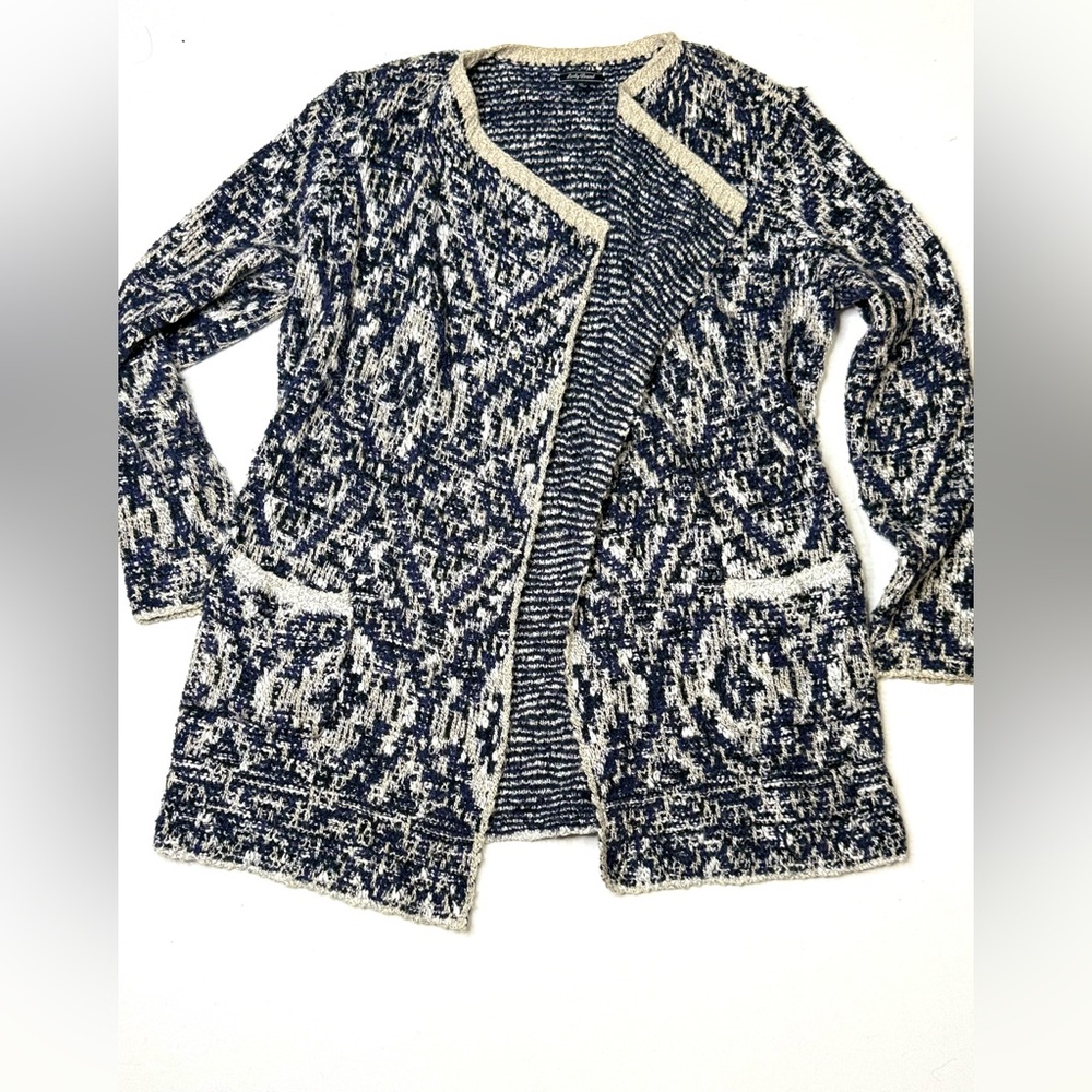 Lucky Brand Navy and Cream Open Front Knit Cardigan Textured Ikat Sweater Sz XL